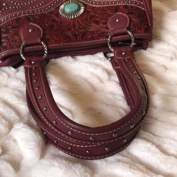 NWT Trinity Ranch Wedtern Tooled Studded Turquoise Shoulder Bag Merlot - Picture 8 of 16
